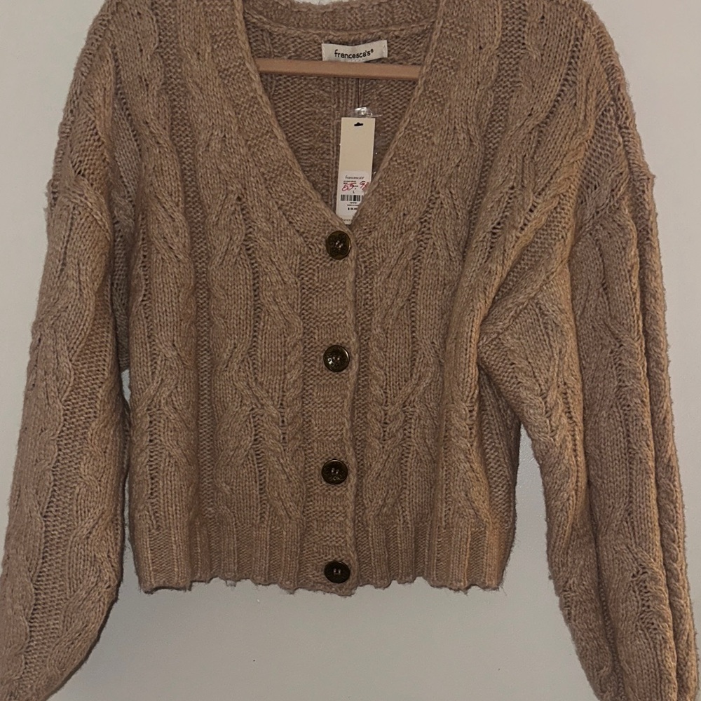 Francesca's Collections Taupe Cable Knit V-Neck Button Cardigan